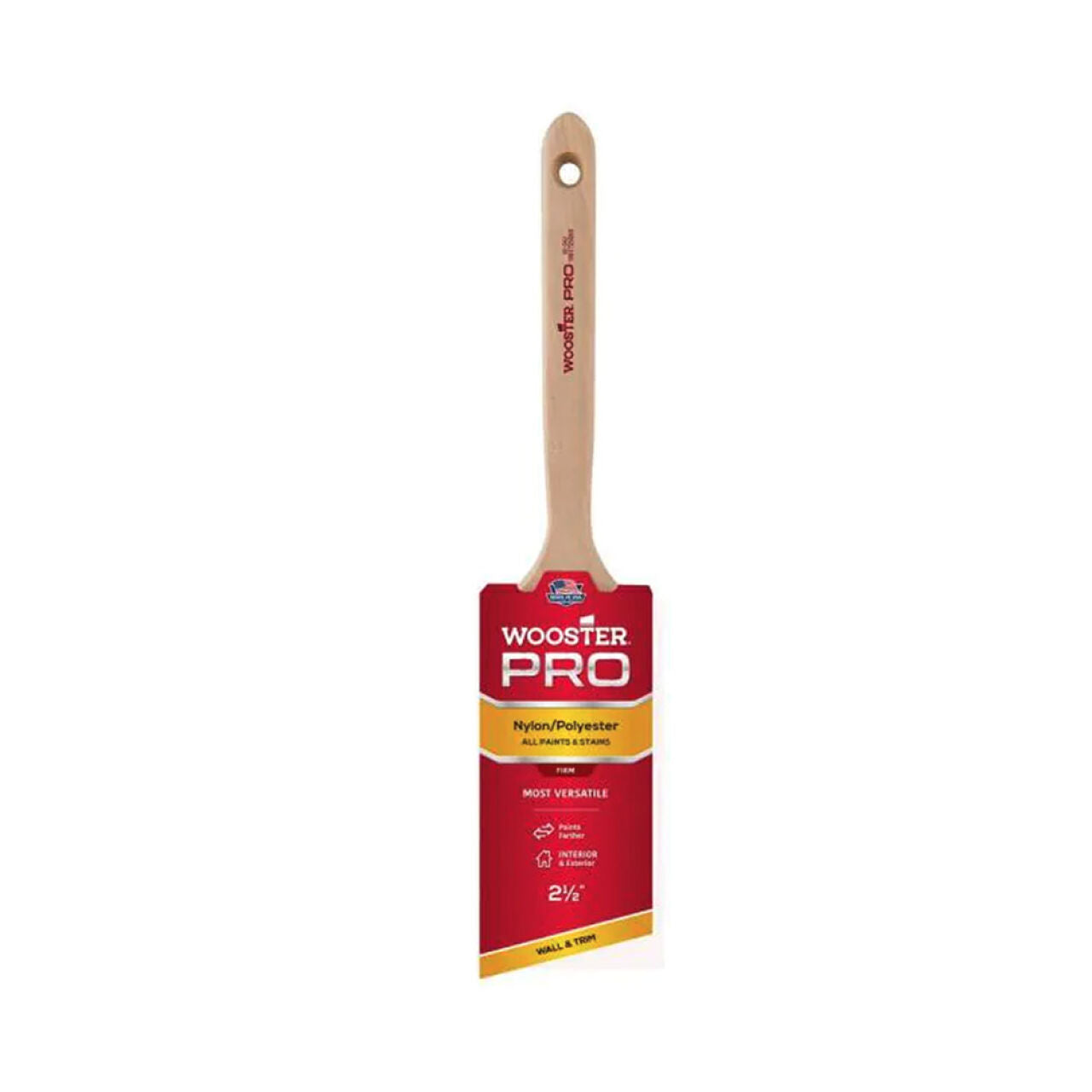 The 2.5-inch Pro Nylon/Polyester Angle Sash Brush by Go Build, The Fastest Way To Build, features a wooden handle and vibrant red and yellow packaging, offering versatile performance for various painting tasks.